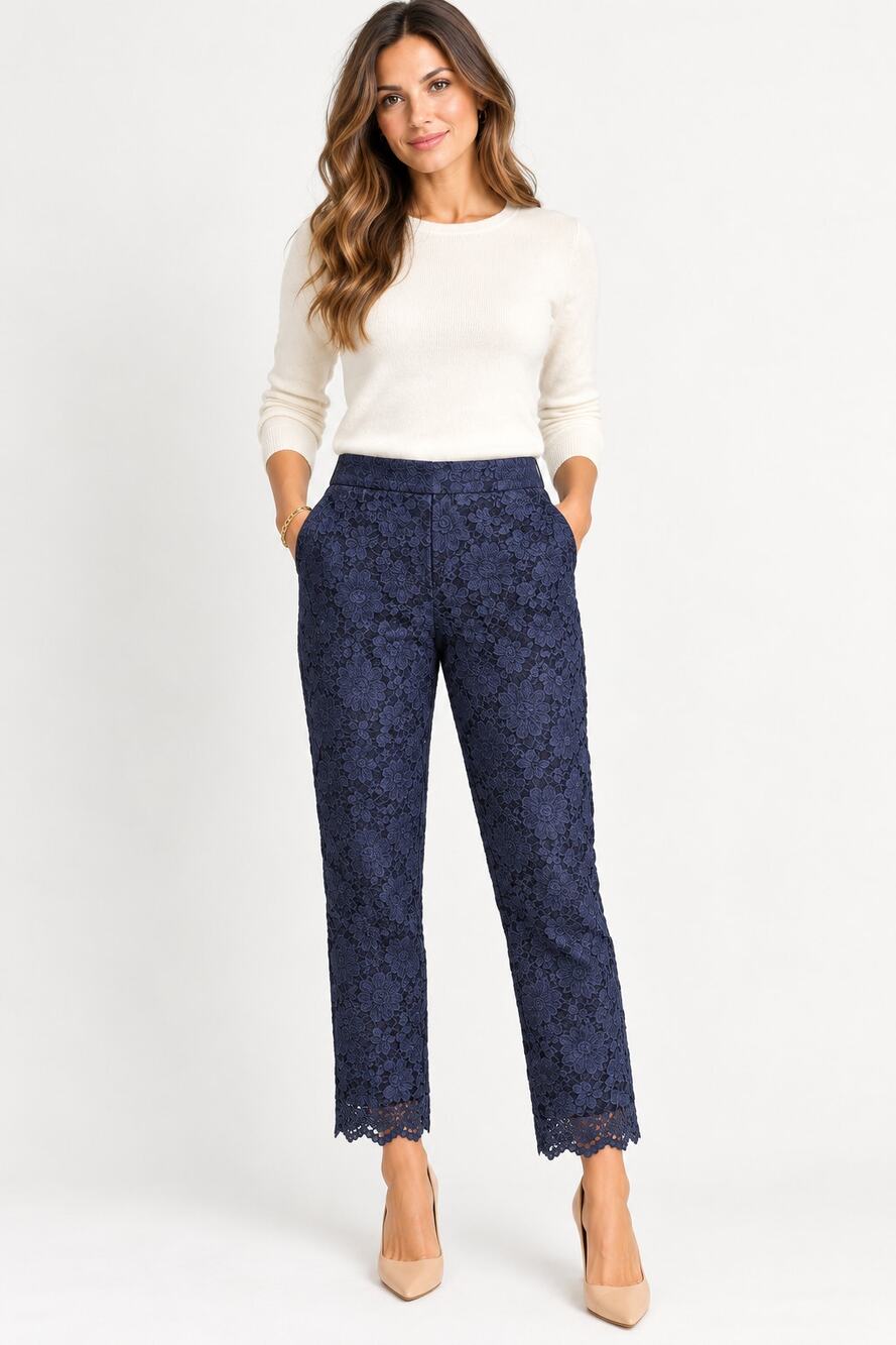 J.Crew Navy Floral Lace Pants Size 6 Slim Ankle Crop Scalloped Hem Dressy